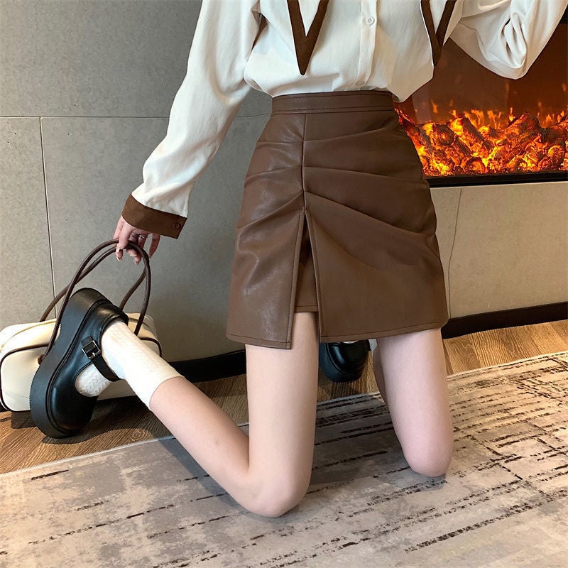 Split Pleated Pu Small Leather Skirt Women'S Slim Skirt High Waist Anti-Light Hip Covering A- Line Skirt Hip Skirt For Children - Image 2