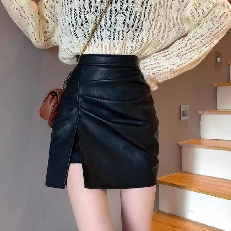 Split Pleated Pu Small Leather Skirt Women'S Slim Skirt High Waist Anti-Light Hip Covering A- Line Skirt Hip Skirt For Children - Image 3