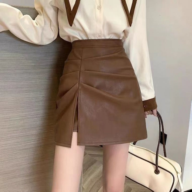 Split Pleated Pu Small Leather Skirt Women'S Slim Skirt High Waist Anti-Light Hip Covering A- Line Skirt Hip Skirt For Children - Image 5