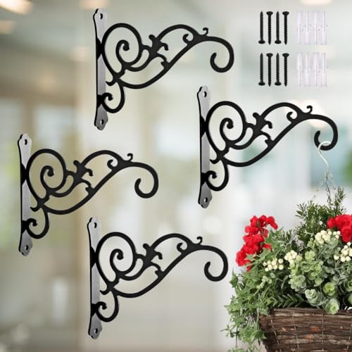 ecofynd 4 Pack Metal Wall Hook Hanging Plant Bracket | Decorative Straight Plant Hanger for Pots, Bird Feeders, Planters, Lanterns, Cotton, Wind Chimes Indoor Outdoor, Black - Image 1