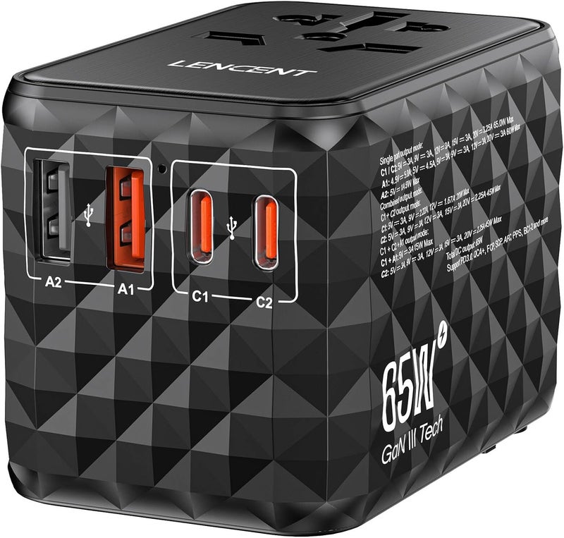 Lencent 65W Universal Travel Adapter, GaN International Fast Charger 2 USB-A & 2 USB-C Power Plug Converter, Power Outlet Adapter for Phones,Laptops, All in One Travel Essentials for EU/USA/UK/AU - Image 1