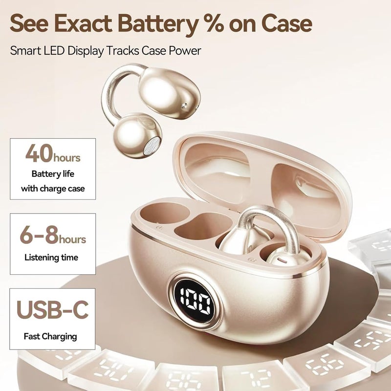 QJF Clip on Earbuds for Small Ears & Glasses, Open Ear Bluetooth 5.4 Headphones with 40H Playtime & Digital Display, Sweatproof - Image 3