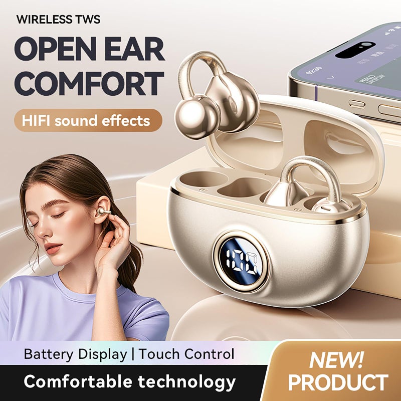 QJF Clip on Earbuds for Small Ears & Glasses, Open Ear Bluetooth 5.4 Headphones with 40H Playtime & Digital Display, Sweatproof - Image 2