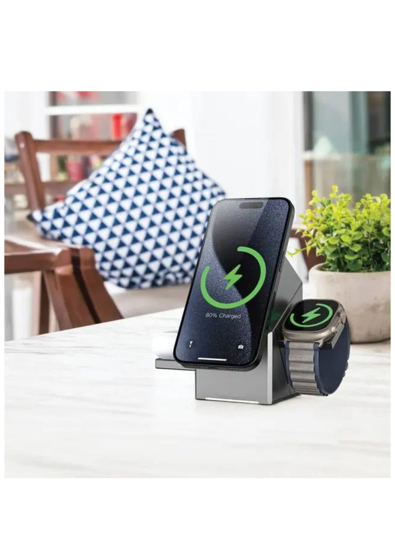Power Trio 3 In 1 Wireless Charger, 4.5h Working Time, 15W Phone Charging, 3W Airpod & Watch Output, Type-C Input - Gray