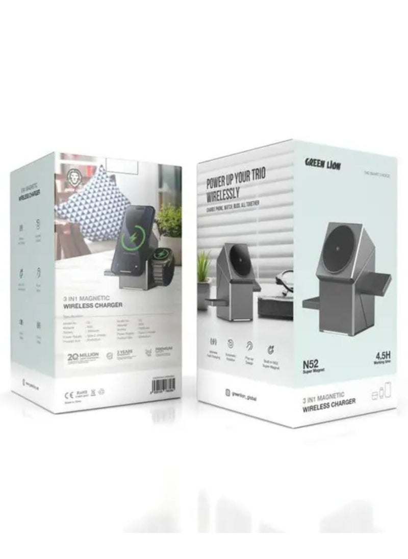 Power Trio 3 In 1 Wireless Charger, 4.5h Working Time, 15W Phone Charging, 3W Airpod & Watch Output, Type-C Input - Gray