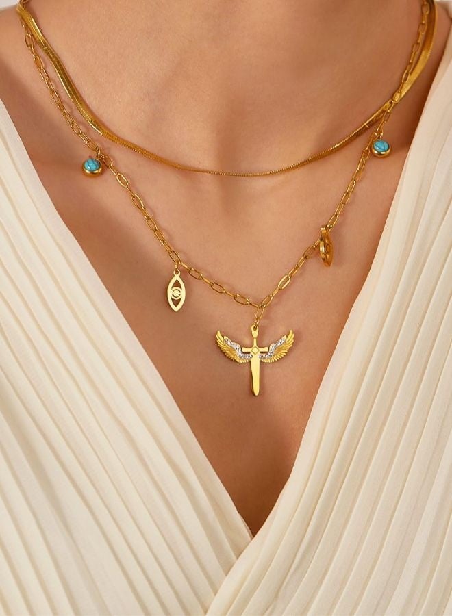 Andaazs Andaazs Women’s Elegance 18K Gold Plated Layered Necklace with Angel Pendant with Cubic Zirconia  - Image 1