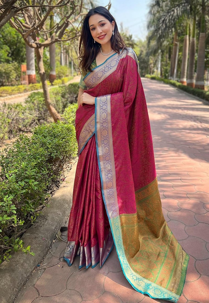 SGF11 Women's Kanjivaram Pure Soft Silk Designer Saree With Blouse Piece (Pink) - Image 2
