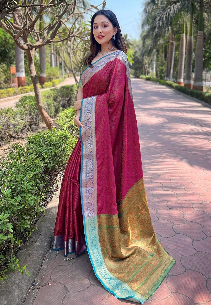 SGF11 Women's Kanjivaram Pure Soft Silk Designer Saree With Blouse Piece (Pink) - Image 3