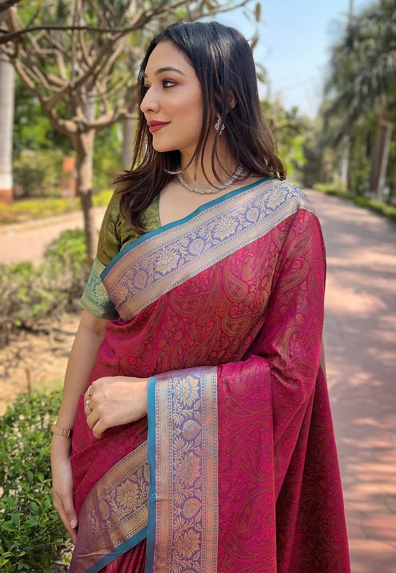SGF11 Women's Kanjivaram Pure Soft Silk Designer Saree With Blouse Piece (Pink) - Image 4