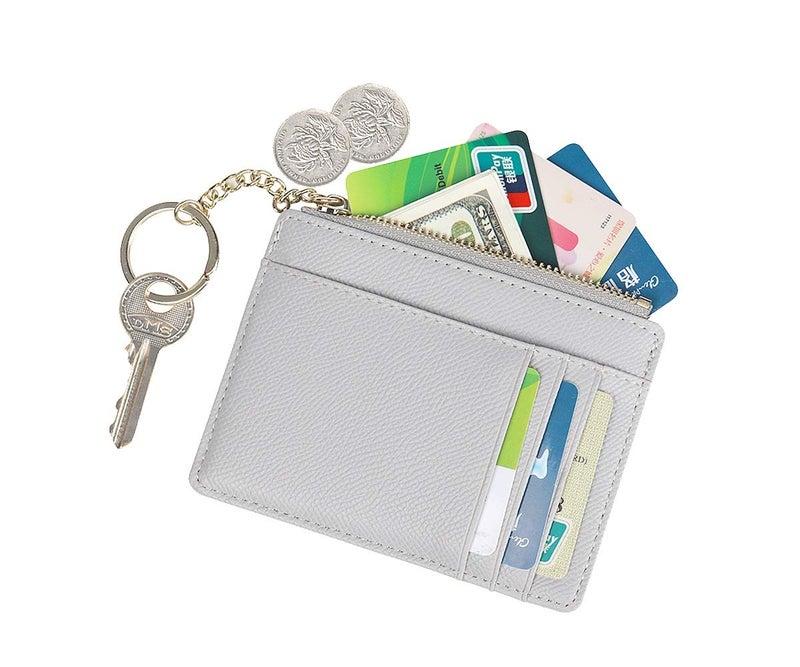 Prometheism Women Slim Leather Card Case Holder Small Wallet Cute Coin Purse Girl Mini Wallet with Keychain (A-Grey) - Image 2