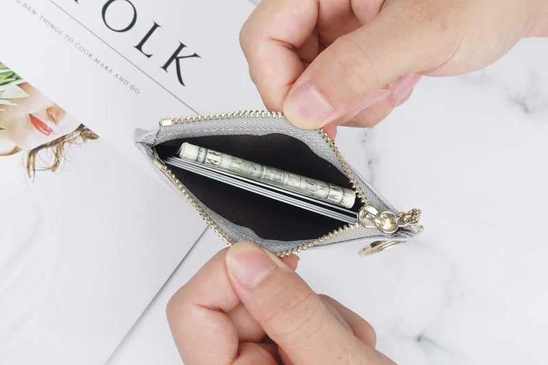 Prometheism Women Slim Leather Card Case Holder Small Wallet Cute Coin Purse Girl Mini Wallet with Keychain (A-Grey) - Image 5
