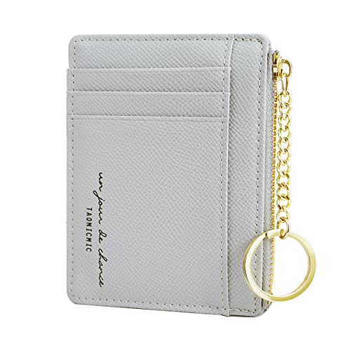 Prometheism Women Slim Leather Card Case Holder Small Wallet Cute Coin Purse Girl Mini Wallet with Keychain (A-Grey) - Image 1