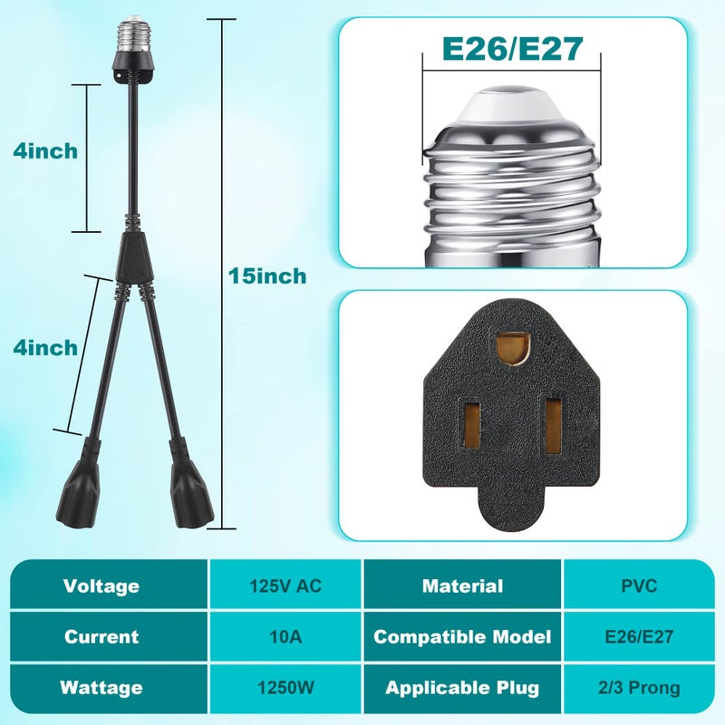 Feekoon 1 Pcs 2 in 1 Light Socket to Plug Adapter, Convert E26/E27 Bulb Socket to 2 Pieces 3 Prong Outlet with Extension Cord, Flexible Light Bulb Socket Converter Suitable for Porch Patio Garage Use (Black) - Image 2