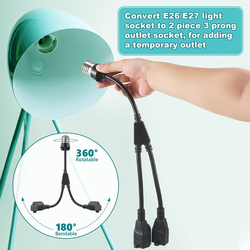 Feekoon 1 Pcs 2 in 1 Light Socket to Plug Adapter, Convert E26/E27 Bulb Socket to 2 Pieces 3 Prong Outlet with Extension Cord, Flexible Light Bulb Socket Converter Suitable for Porch Patio Garage Use (Black) - Image 4