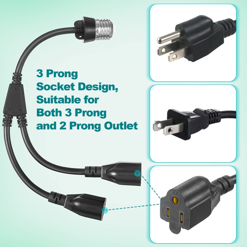 Feekoon 1 Pcs 2 in 1 Light Socket to Plug Adapter, Convert E26/E27 Bulb Socket to 2 Pieces 3 Prong Outlet with Extension Cord, Flexible Light Bulb Socket Converter Suitable for Porch Patio Garage Use (Black) - Image 5