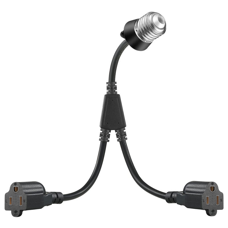 Feekoon 1 Pcs 2 in 1 Light Socket to Plug Adapter, Convert E26/E27 Bulb Socket to 2 Pieces 3 Prong Outlet with Extension Cord, Flexible Light Bulb Socket Converter Suitable for Porch Patio Garage Use (Black) - Image 1