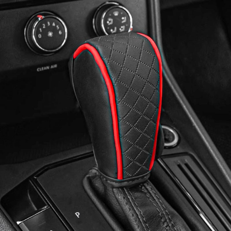QKYS Leather Car Gear Shift Knob Cover Upgraded AntiSlip Design Stick Shift Knob Cover Universal Durable Car Decorative Accessories Shifter Stick Protector Suitable for CarsTrucksSUVs BlackRed - Image 3