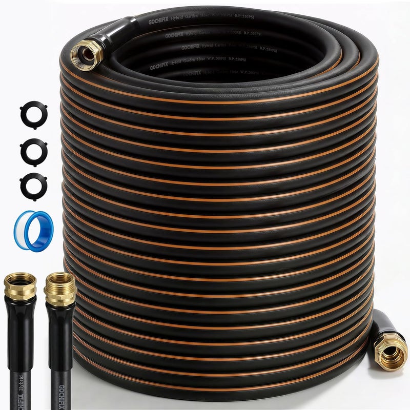 خرطوم حديقة، 100 قدم 5/8 بوصة خرطوم ماء مطاطي ثقيل، ضغط انفجار 550 PSI، موصلات دوارة مضادة للالتواء 360 درجة، مرن لجميع الأحوال الجوية، توصيلات نحاسية ذكر إلى أنثى 3/4 بوصة مانعة للتسرب - Image 1