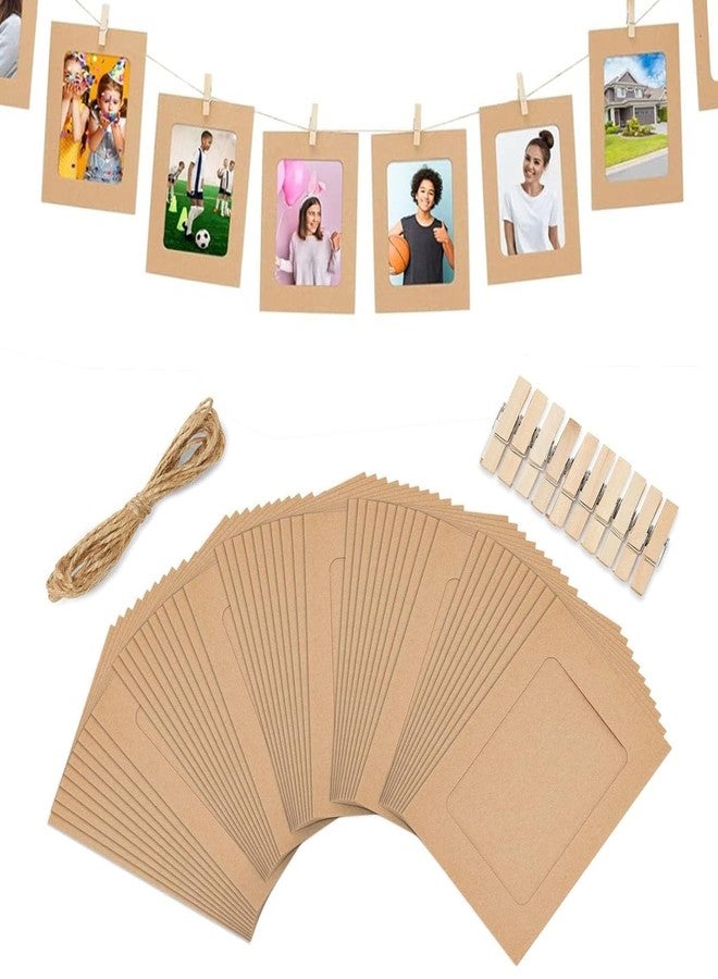 Desi Rang 10 pcs Hanging Photo Frame with wooden clips and jute Rope (Outer Size 6" x 4.5" inch, Inner Size 4.25" x 3" inch) Khakhi Wall Photo Display for Home, Bedroom & Living Room decor gift DIY - Image 1