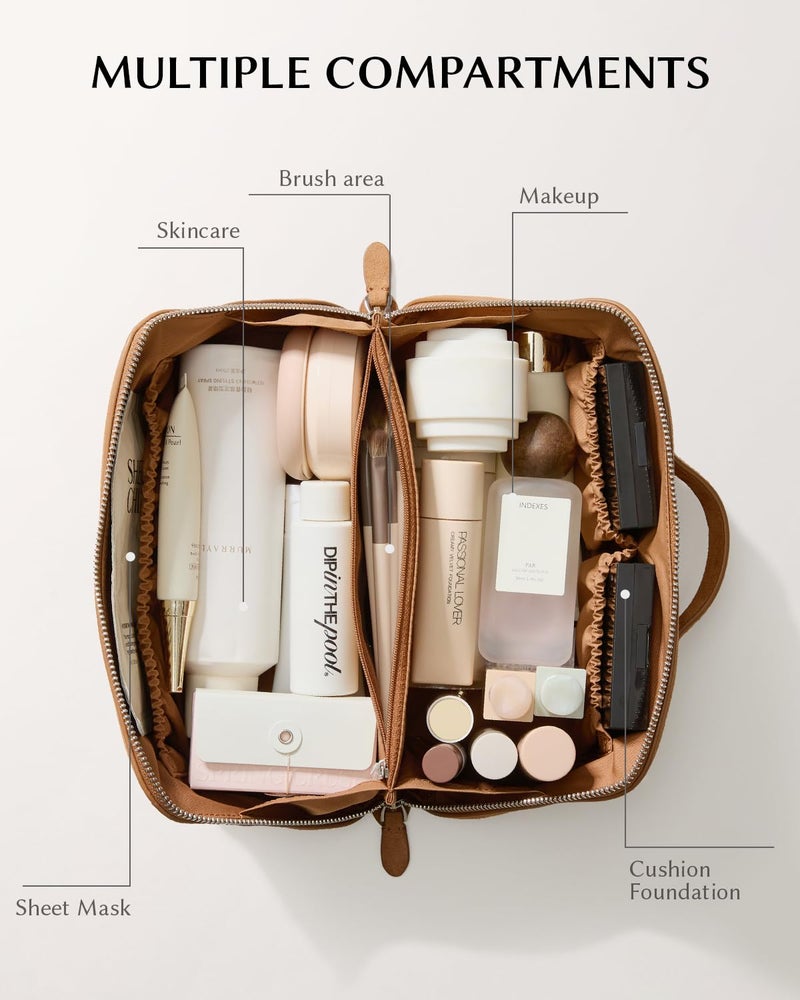 EACHY Leather Makeup Bag, Portable 180Â° Wide-Open Flat Cosmetic Bag for Women, Large Capacity Make Up Organizer Makeup Pouch with Divider and Handle - Image 2