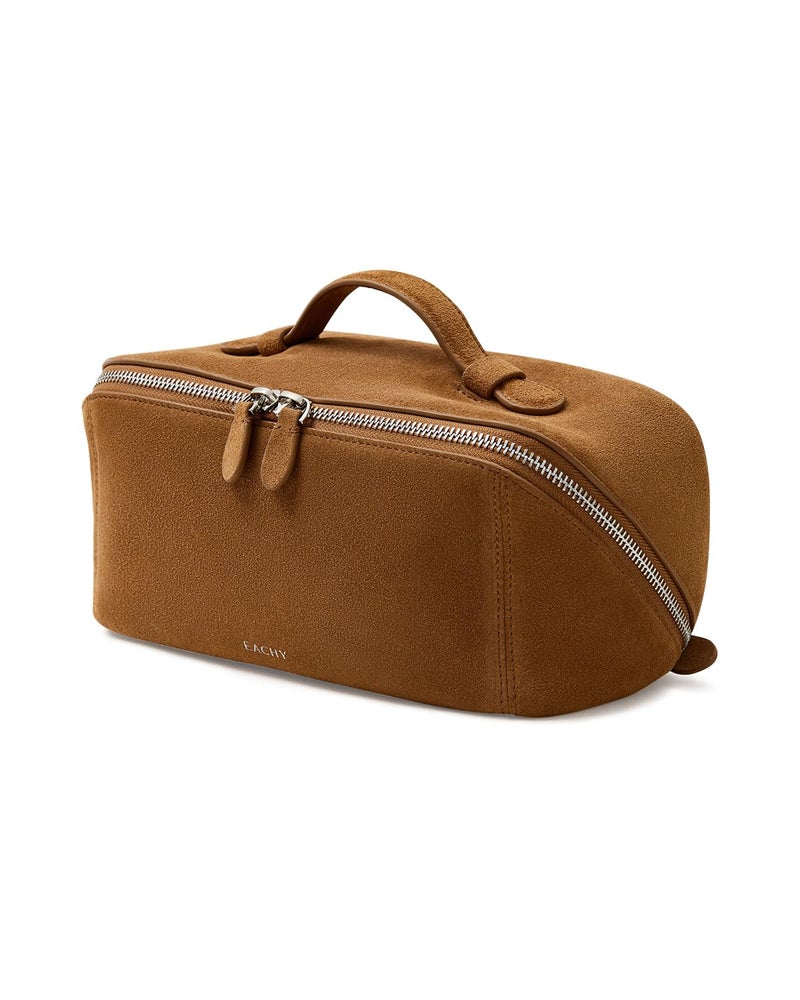 EACHY Leather Makeup Bag, Portable 180Â° Wide-Open Flat Cosmetic Bag for Women, Large Capacity Make Up Organizer Makeup Pouch with Divider and Handle - Image 1