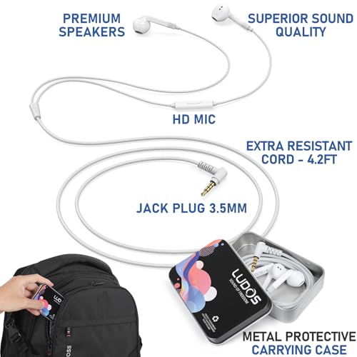 LUDOS FEROX Wired Earbuds in-Ear Headphones, 5 Year Warranty, Earphones with Microphone, Noise Isolation Corded for 3.5mm Jack Ear Buds for iPhone, Samsung, Computer, Laptop, Kids, School Students - Image 2