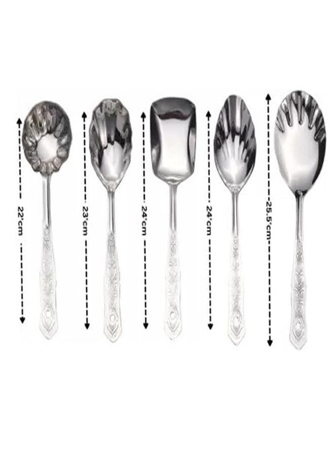 faas Serving Spoon, Stainless Steel Serving Spoon Set for Dining | Spatula Set - 1 Ladle, 1 Karchi, 1 Solid Spoons 1 Chamcha, and 1 Rice Spoon, Cooking Spoon Set (Set of 5) - Image 2