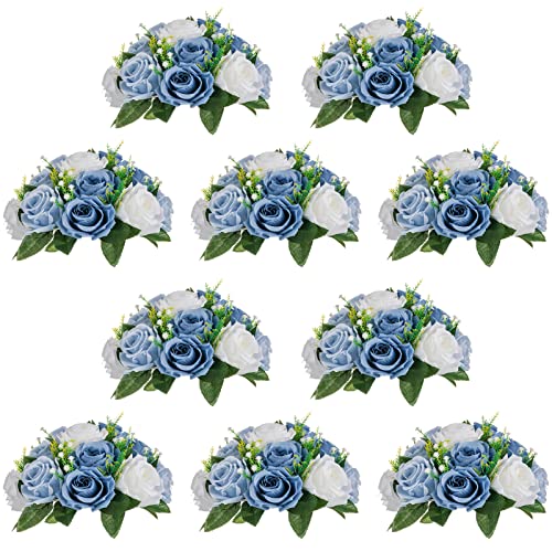 NUPTIO Flower Ball Arrangement Bouquet - 10 Pcs 9.5 inch Diameter Dusty Blue Fake Flowers Roses Balls for Centerpieces Tables - Artificial Rose Arrangements for Wedding Centerpiece Table Decorations - Image 1