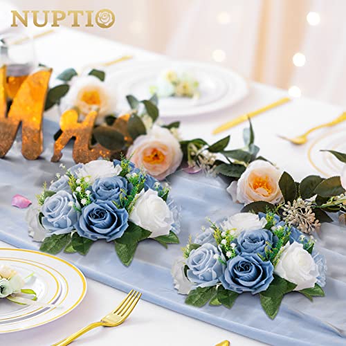 NUPTIO Flower Ball Arrangement Bouquet - 10 Pcs 9.5 inch Diameter Dusty Blue Fake Flowers Roses Balls for Centerpieces Tables - Artificial Rose Arrangements for Wedding Centerpiece Table Decorations - Image 3