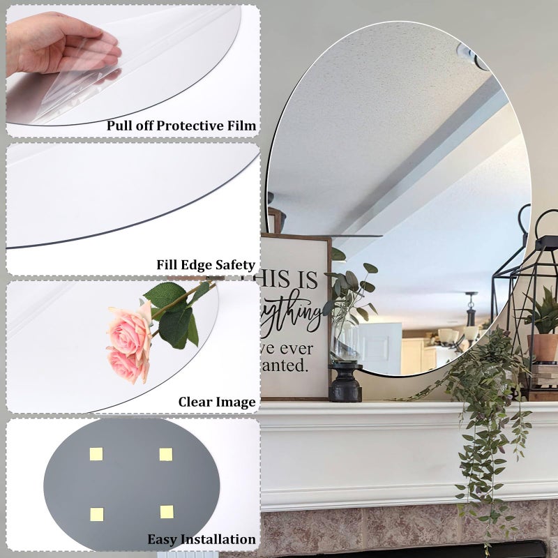 JUNEBRUSHS Oval Mirror, Acrylic Oval Bathroom Mirrors Unbreakable Frameless Wall-Mounted Mirrors for Wall Bedroom Home Decor - Image 2