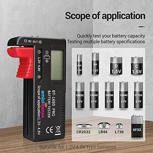 amiciSense Digital Battery Tester Bt-168 Pro Voltage Indicator For 1.2V-4.8V Aa Aaa C D 9V 3V 18650 16340 14500 Lithium Battery, Battery_powered, Black - Image 5