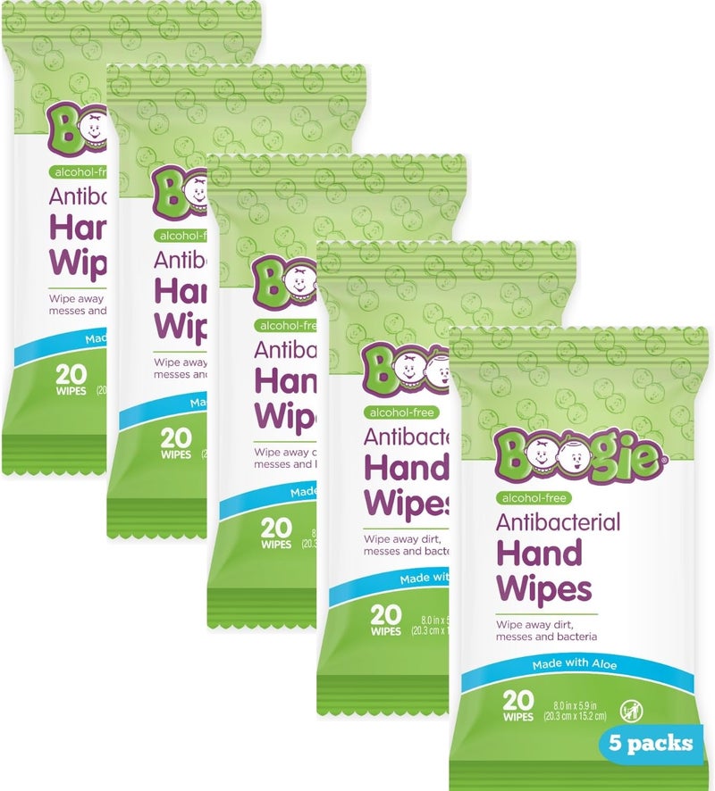 Boogie Antibacterial Hand Wipes by , Alcohol Free, Hypoallergenic and Moisturizing Aloe, Hand Wipes for Kids and Adults, 5 Packs of 20 (100 Total Wipes) - Image 1
