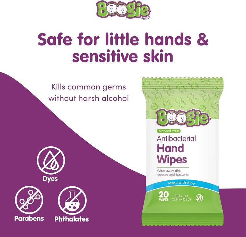Boogie Antibacterial Hand Wipes by , Alcohol Free, Hypoallergenic and Moisturizing Aloe, Hand Wipes for Kids and Adults, 5 Packs of 20 (100 Total Wipes) - Image 2