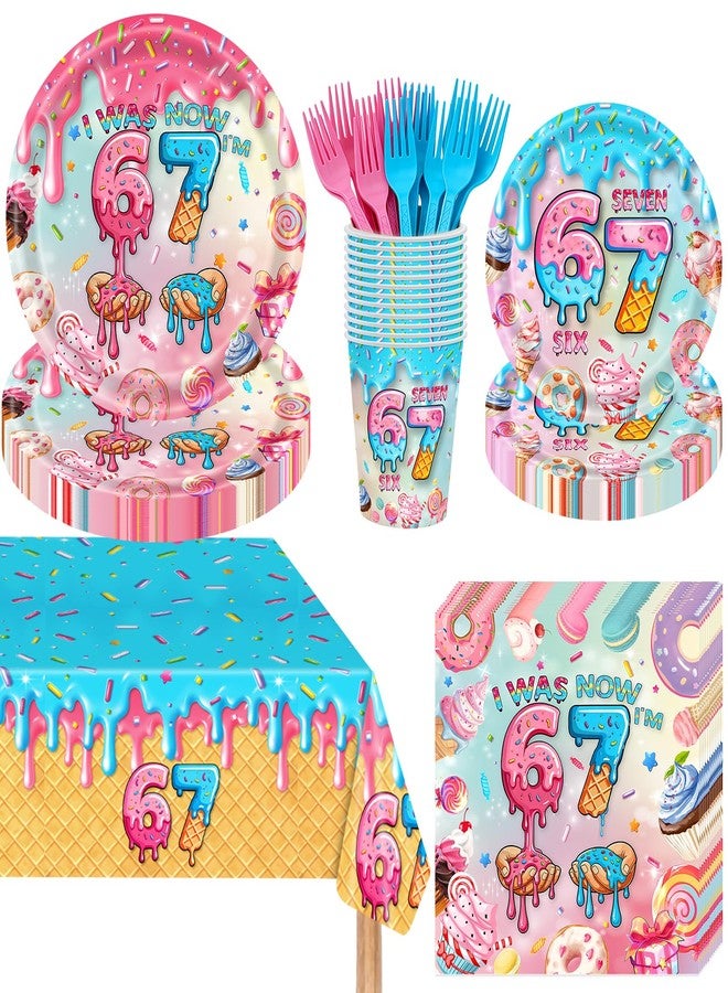 Phiemate 121Pcs 6 7 Birthday Decorations 67 Party Decorations Supplies, Include 67 Theme Birthday Plates, Napkins, Paper Cups, Forks and Tablecloth Six Seven Disposable Paper Tableware Set for 24 Guests - Image 1