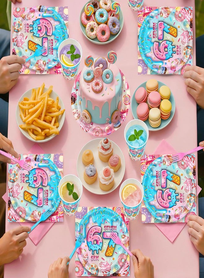 Phiemate 121Pcs 6 7 Birthday Decorations 67 Party Decorations Supplies, Include 67 Theme Birthday Plates, Napkins, Paper Cups, Forks and Tablecloth Six Seven Disposable Paper Tableware Set for 24 Guests - Image 5