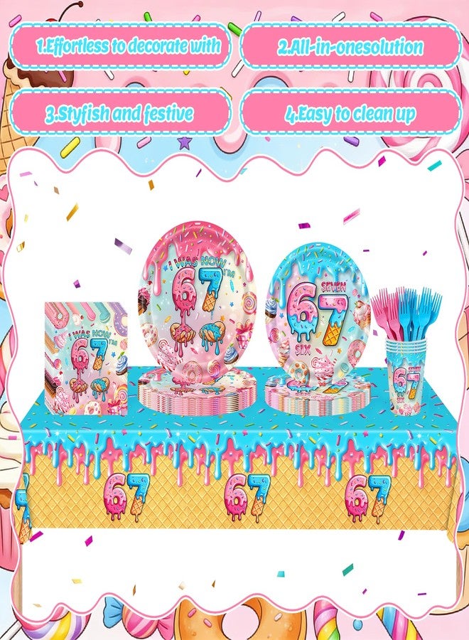 Phiemate 121Pcs 6 7 Birthday Decorations 67 Party Decorations Supplies, Include 67 Theme Birthday Plates, Napkins, Paper Cups, Forks and Tablecloth Six Seven Disposable Paper Tableware Set for 24 Guests - Image 4