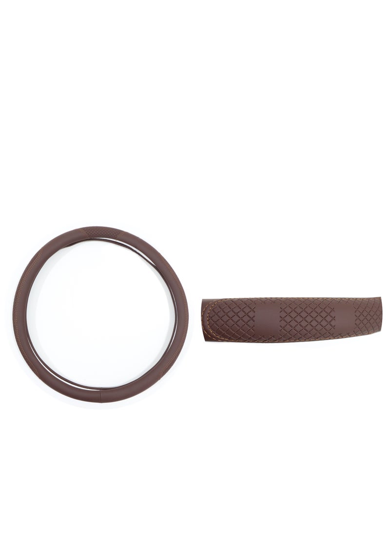 Al Khateeb Universal Car Fit Steering Wheel Cover Soft Brown Leather 45, Breathable & Non-Slip, Gray Thread, 38Cm 