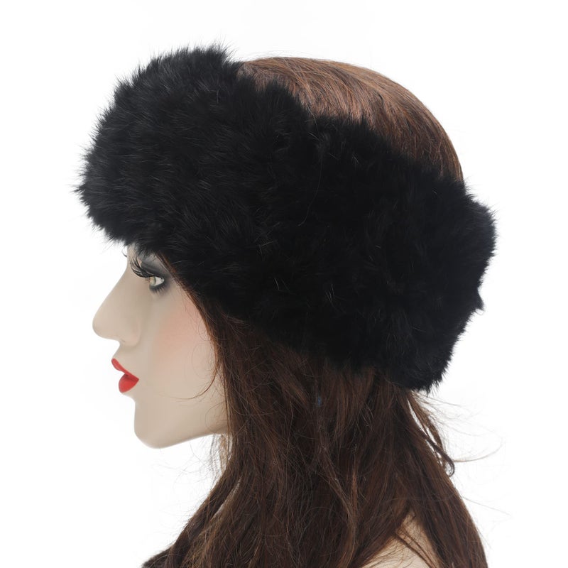 ZLYC Women Rabbit Fur Headband Cold Weather Hair Band Stretchy Winter Earwarmer Earmuffs (Solid Black) - Image 4