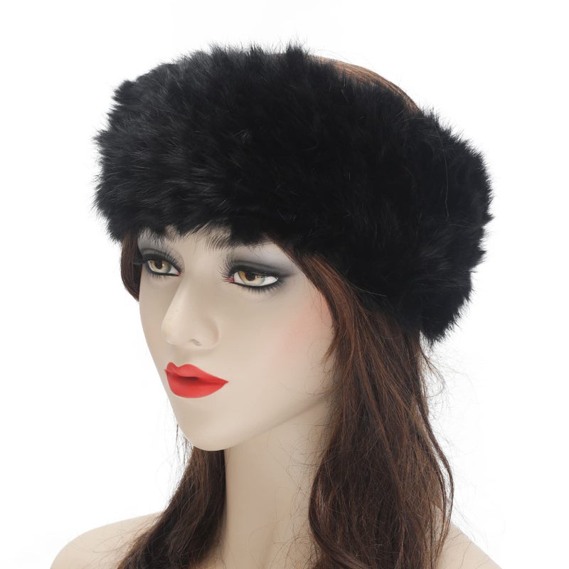 ZLYC Women Rabbit Fur Headband Cold Weather Hair Band Stretchy Winter Earwarmer Earmuffs (Solid Black) - Image 2