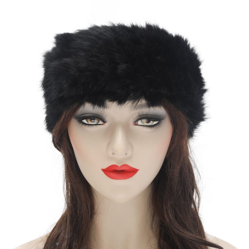 ZLYC Women Rabbit Fur Headband Cold Weather Hair Band Stretchy Winter Earwarmer Earmuffs (Solid Black) - Image 3