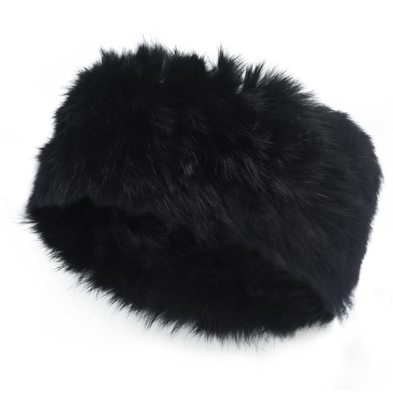 ZLYC Women Rabbit Fur Headband Cold Weather Hair Band Stretchy Winter Earwarmer Earmuffs (Solid Black) - Image 1