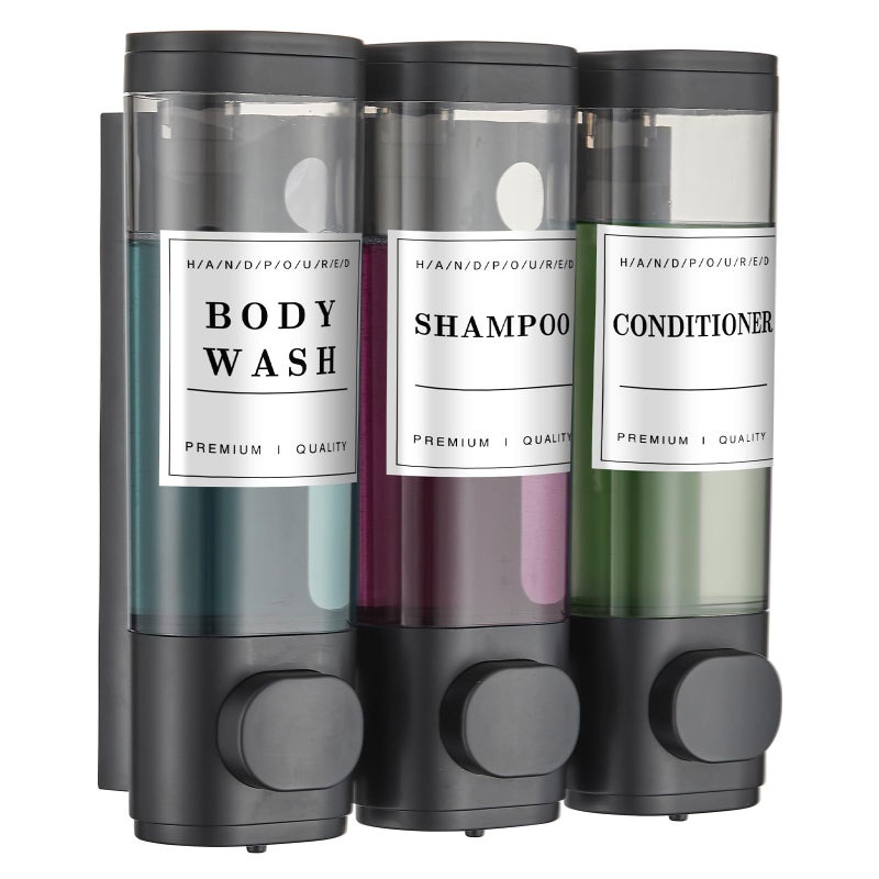 Cabo Deseado Shampoo and Conditioner Dispenser Shower Dispenser Body Wash Wall Mounted Shampoo Dispenser for Shower Wall No Drill for Bathroom Hotel 3 Chamber x 300ml Black with Waterproof Labels - Image 1