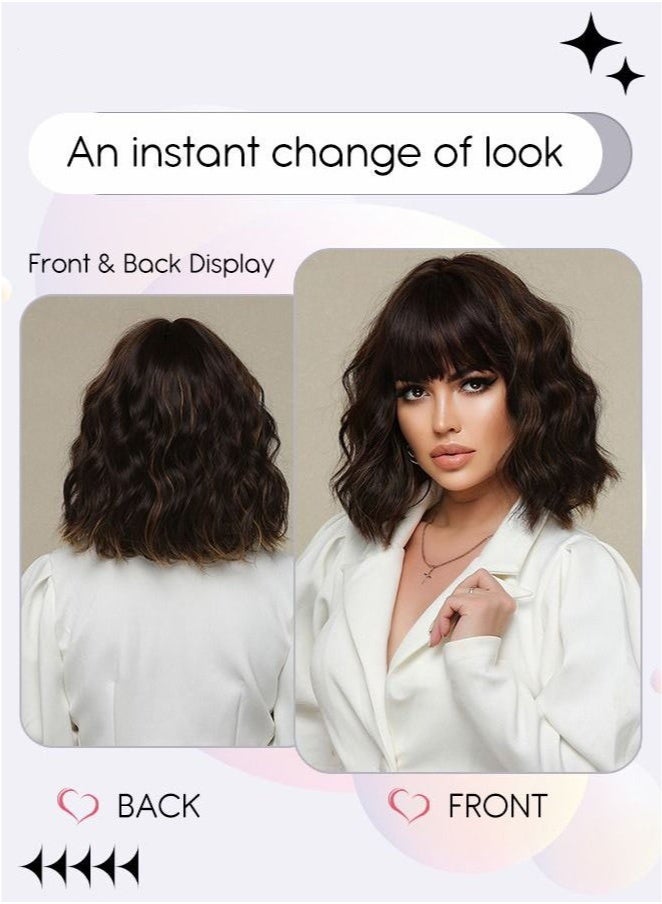 Generic Brown Black Bob Wig with Bangs, Short Hair Wig for Women, Curly Synthetic Natural Heat Resistant Fiber Wigs as Real Hair for Daily Wear, Party, Costume, Cosplay, 30cm (12 inches）  - Image 2