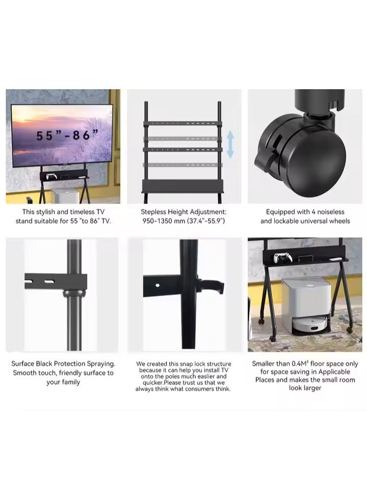 BEETEC Mobile TV Stand for 32–86 Inch Flat Screen TVs, Rolling Cart with Lockable Wheels, Height Adjustable, VESA 600x400mm, Max Load 45kg, Shelf Capacity 10 kg, Cable Management, White | TF-RG8W - Image 3