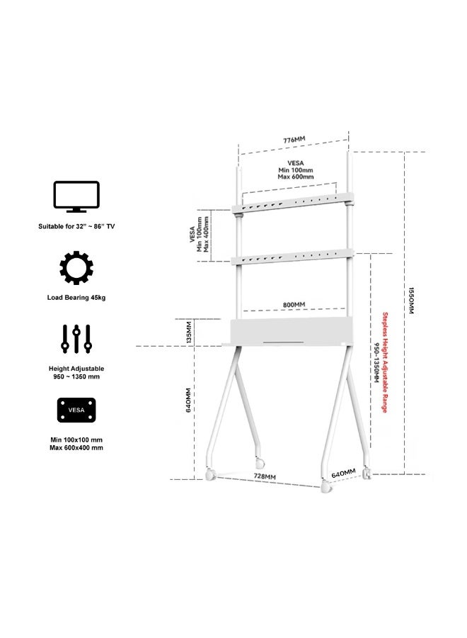BEETEC Mobile TV Stand for 32–86 Inch Flat Screen TVs, Rolling Cart with Lockable Wheels, Height Adjustable, VESA 600x400mm, Max Load 45kg, Shelf Capacity 10 kg, Cable Management, White | TF-RG8W - Image 5