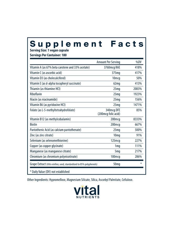 Vital Nutrients Minimal and Essential Multivitamin | Vegetarian One per Day Multi Vitamin, Mineral, & Antioxidant Supplement* | Iron-Free | Gluten, Dairy, Soy Free | Non-GMO | 180 Capsules - Image 2