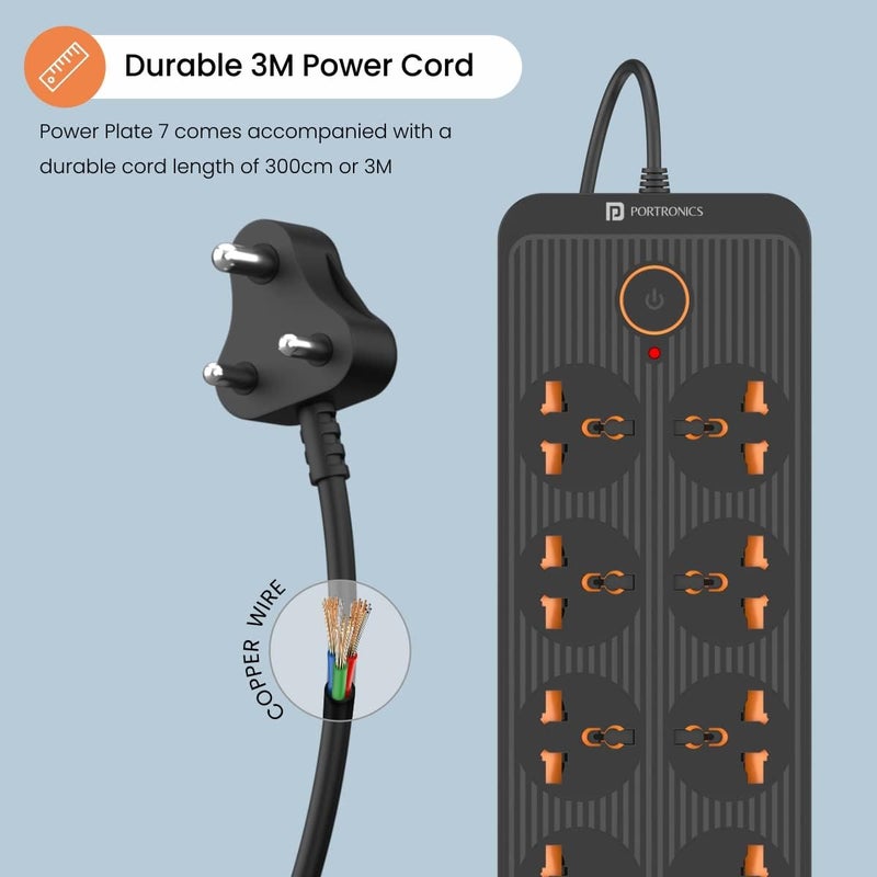 Portronics Power Plate 7 with 6 USB Port + 8 Power Sockets Smart Electric Universal Extension Board Multi Plug with 2500W, 3Mtr Cord Length, 2.1A USB Output(Black), 250 Volts - Image 2