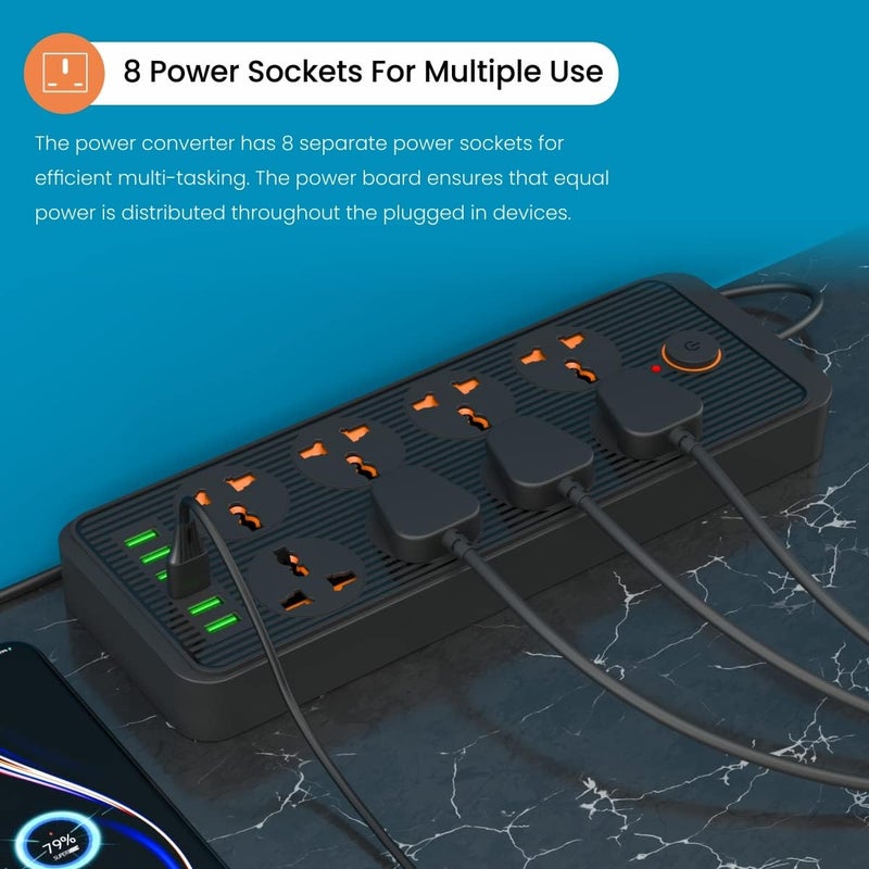 Portronics Power Plate 7 with 6 USB Port + 8 Power Sockets Smart Electric Universal Extension Board Multi Plug with 2500W, 3Mtr Cord Length, 2.1A USB Output(Black), 250 Volts - Image 3
