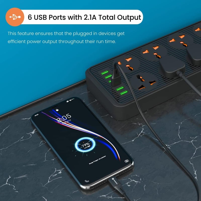 Portronics Power Plate 7 with 6 USB Port + 8 Power Sockets Smart Electric Universal Extension Board Multi Plug with 2500W, 3Mtr Cord Length, 2.1A USB Output(Black), 250 Volts - Image 4