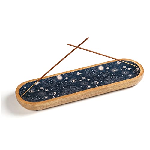 Folkulture Incense Holder or Incense Burner, Incense Holder for Sticks or Wooden Incense Tray for Sticks, Modern Insence-Stick Holder, Ash Catcher, Mango Wood, Set of 2, Blue and Green Agate - Image 1